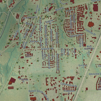 Close-up of the map of Buda, Texas print showing street and building detail