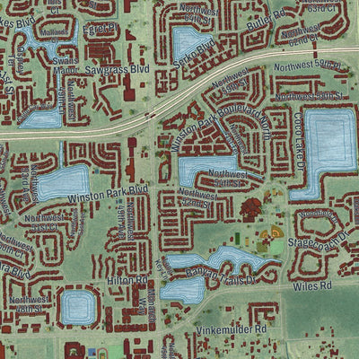 Close-up of the map of Coconut Creek, Florida print showing street and building detail