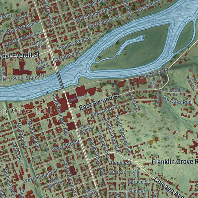 Close-up of the map of Dixon, Illinois print showing street and building detail