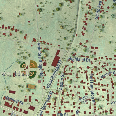 Close-up of the map of Ardmore, Tennessee print showing street and building detail