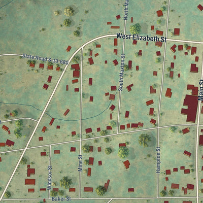 Close-up of the map of Jefferson, South Carolina print showing street and building detail