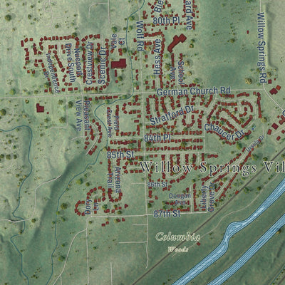 Close-up of the map of Willow Springs, Illinois print showing street and building detail