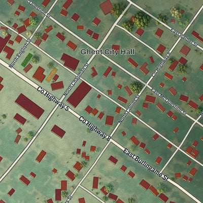 Close-up of the map of Ghent, Minnesota print showing street and building detail