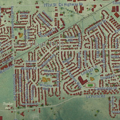 Close-up of the map of Mokena, Illinois print showing street and building detail