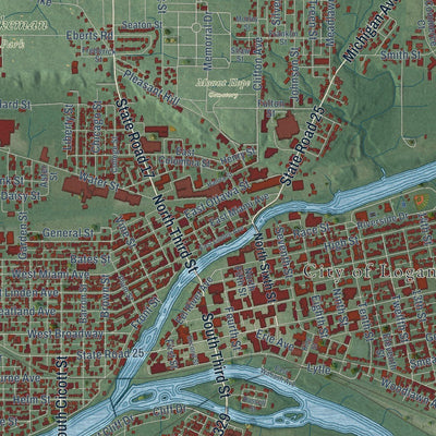Close-up of the map of Logansport, Indiana print showing street and building detail