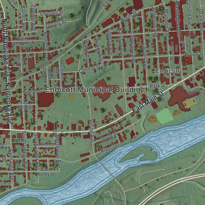 Close-up of the map of Endicott, New York print showing street and building detail