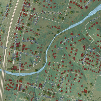 Close-up of the map of Salado, Texas print showing street and building detail