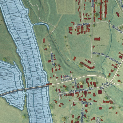 Close-up of the map of Coushatta, Louisiana print showing street and building detail