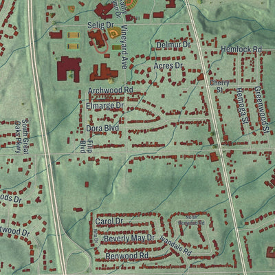 Close-up of the map of Independence, Ohio print showing street and building detail