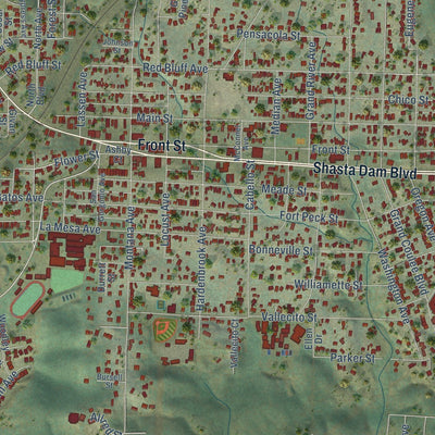 Close-up of the map of Shasta Lake, California print showing street and building detail