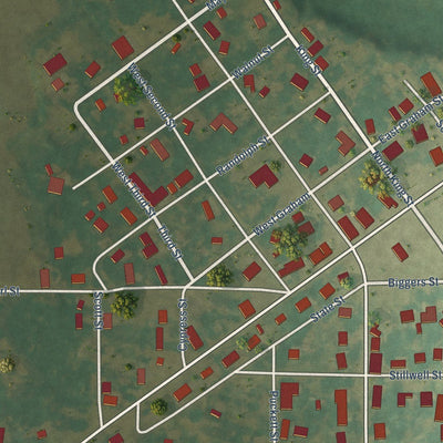 Close-up of the map of Biggers, Arkansas print showing street and building detail