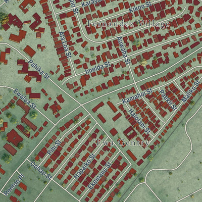 Close-up of the map of Ewa Villages, Hawaii print showing street and building detail