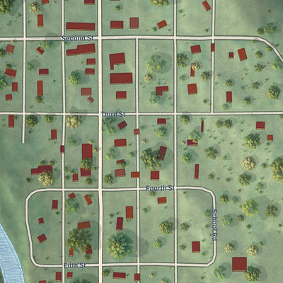 Close-up of the map of Belgrade, Nebraska print showing street and building detail