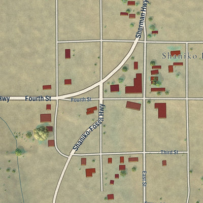 Close-up of the map of Shaniko, Oregon print showing street and building detail