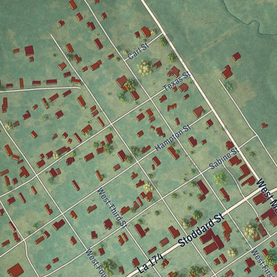 Close-up of the map of Pleasant Hill, Louisiana print showing street and building detail