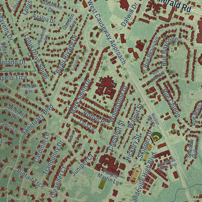 Close-up of the map of Mandeville, Louisiana print showing street and building detail