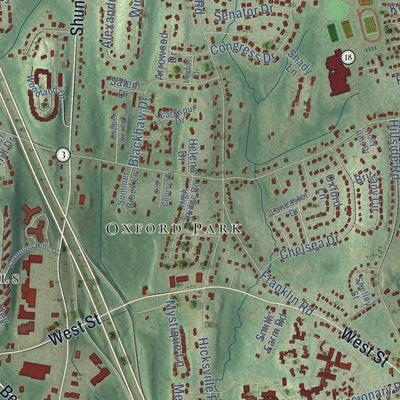 Close-up of the map of Cromwell, Connecticut print showing street and building detail