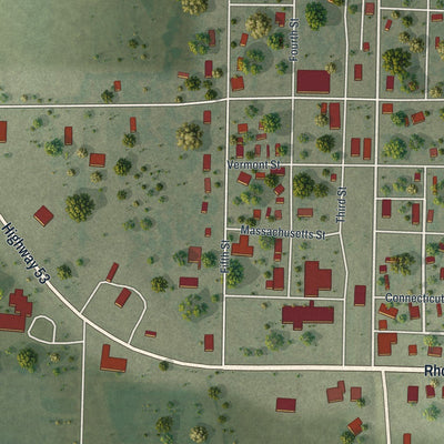 Close-up of the map of Qulin, Missouri print showing street and building detail
