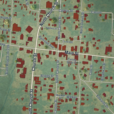 Close-up of the map of Summerton, South Carolina print showing street and building detail