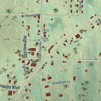 Close-up of the map of Damascus, Arkansas print showing street and building detail