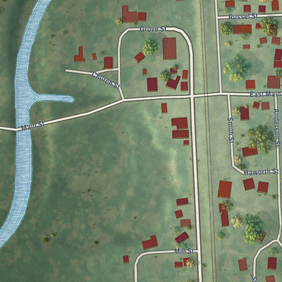 Close-up of the map of Woodland, Illinois print showing street and building detail