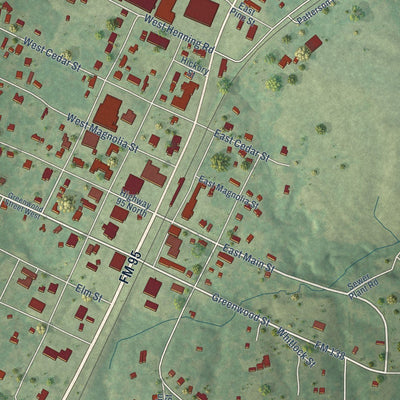 Close-up of the map of Garrison, Texas print showing street and building detail