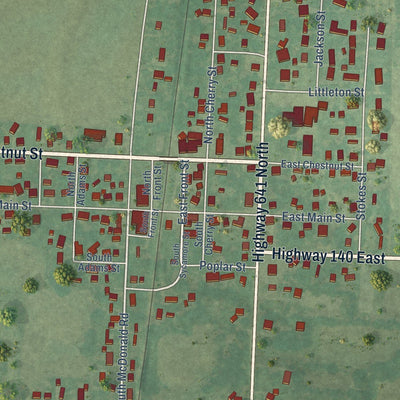 Close-up of the map of Puryear, Tennessee print showing street and building detail