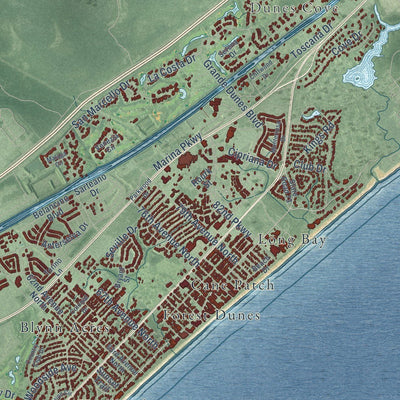 Close-up of the map of Myrtle Beach, South Carolina print showing street and building detail