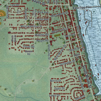 Close-up of the map of West Milton, Ohio print showing street and building detail