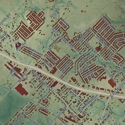 Close-up of the map of Seagoville, Texas print showing street and building detail