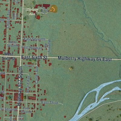 Close-up of the map of Mulberry, Arkansas print showing street and building detail