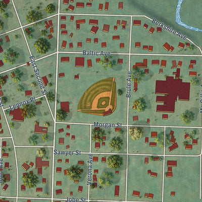 Close-up of the map of Caspian, Michigan print showing street and building detail