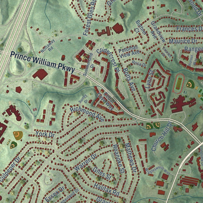 Close-up of the map of Woodbridge, Virginia print showing street and building detail