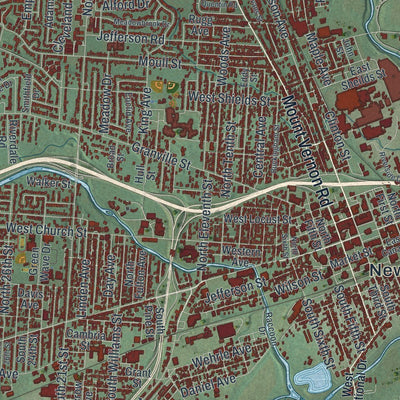 Close-up of the map of Newark, Ohio print showing street and building detail