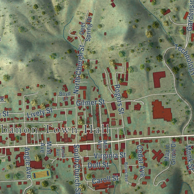 Close-up of the map of Lebanon, Virginia print showing street and building detail