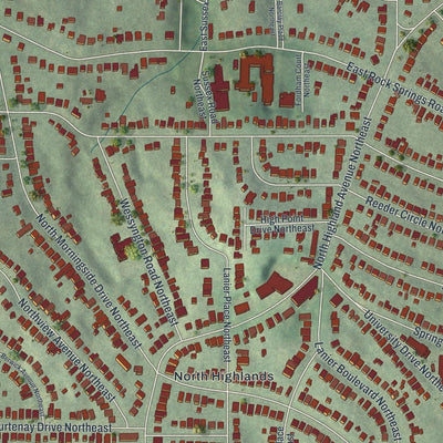 Close-up of the map of Morningside-Lenox Park, Georgia print showing street and building detail