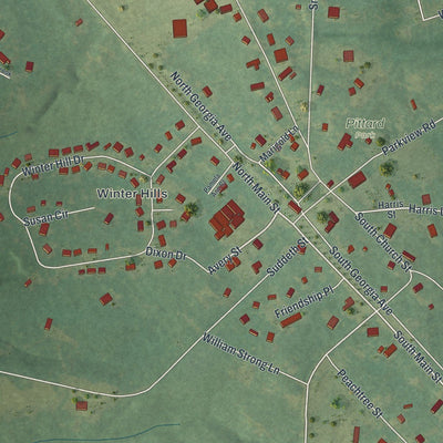 Close-up of the map of Winterville, Georgia print showing street and building detail