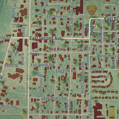 Close-up of the map of Shelby, Mississippi print showing street and building detail