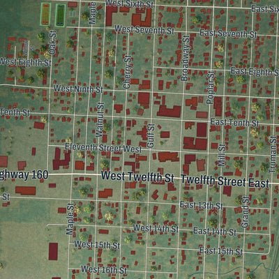 Close-up of the map of Lamar, Missouri print showing street and building detail