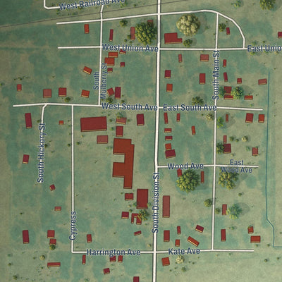Close-up of the map of Humphrey, Arkansas print showing street and building detail