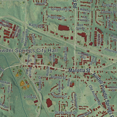 Close-up of the map of Powder Springs, Georgia print showing street and building detail