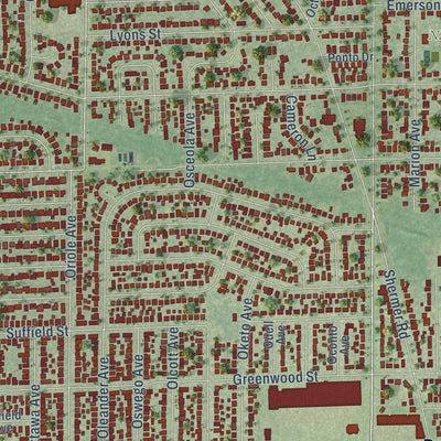 Close-up of the map of Morton Grove, Illinois print showing street and building detail