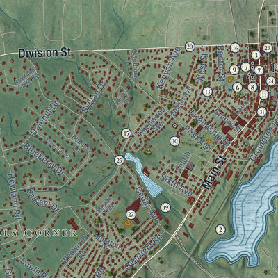 Close-up of the map of East Greenwich, Rhode Island print showing street and building detail