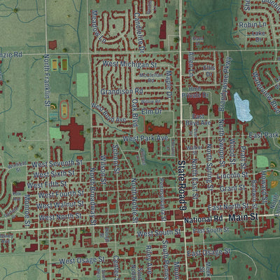 Close-up of the map of Greenfield, Indiana print showing street and building detail