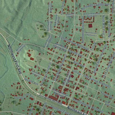 Close-up of the map of Carbon Hill, Alabama print showing street and building detail