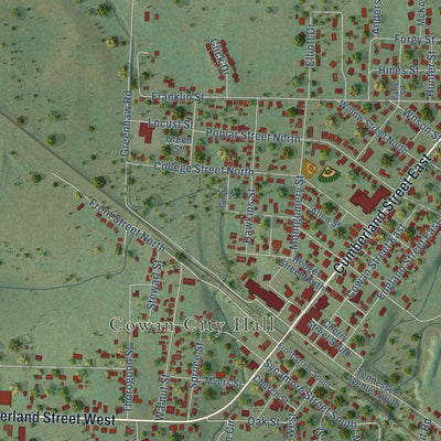 Close-up of the map of Cowan, Tennessee print showing street and building detail