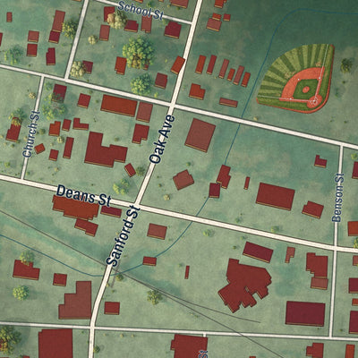 Close-up of the map of Bailey, North Carolina print showing street and building detail