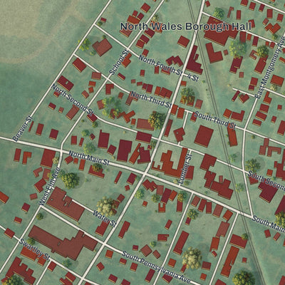 Close-up of the map of North Wales, Pennsylvania print showing street and building detail