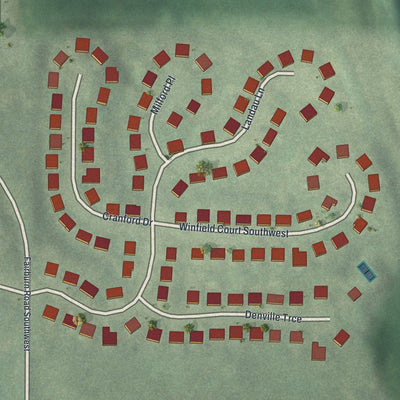 Close-up of the map of Cascade Green, Georgia print showing street and building detail