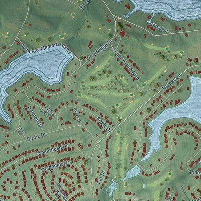 Close-up of the map of Whispering Pines, North Carolina print showing street and building detail